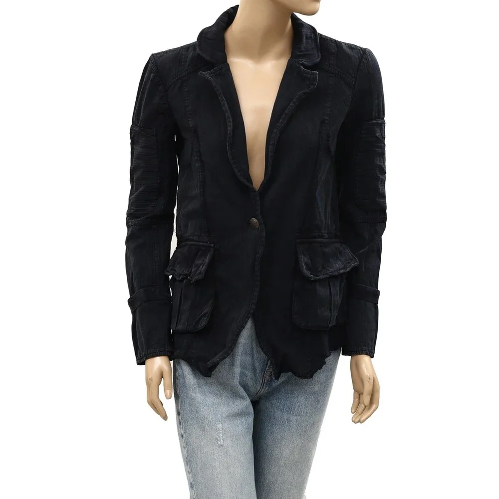 Free People Harlow Jacket Blazer Coat Top Long Sleeves Black Cotton XS 288218